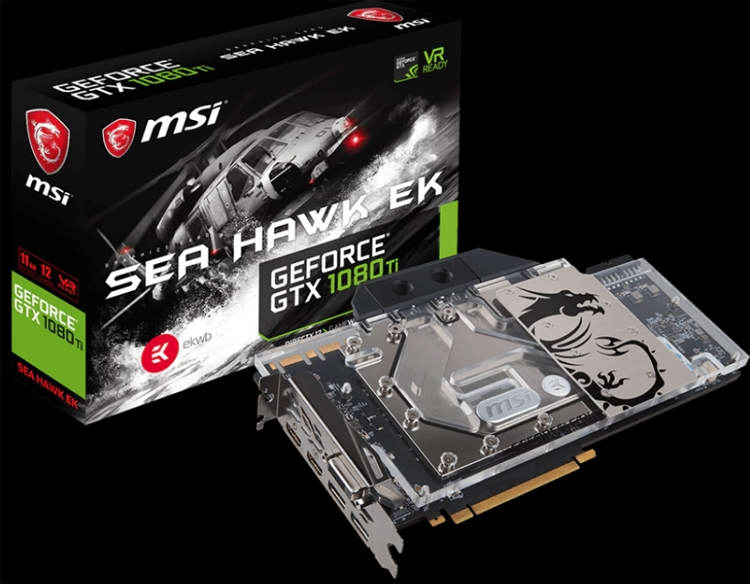 Ускоритель MSI GeForce GTX 1080 Ti Sea Hawk EK X
оснащён жидкостной системой охлаждения